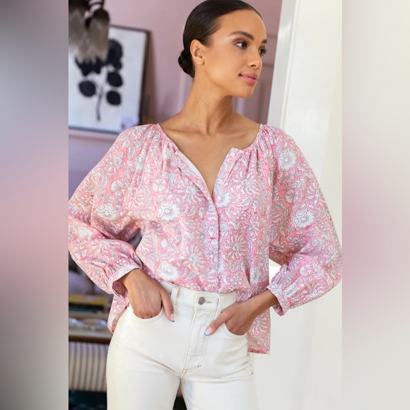 Emerson Fry India Collection Frances Blouse - Devina Flowers Pink Organic sz S - Picture 1 of 11